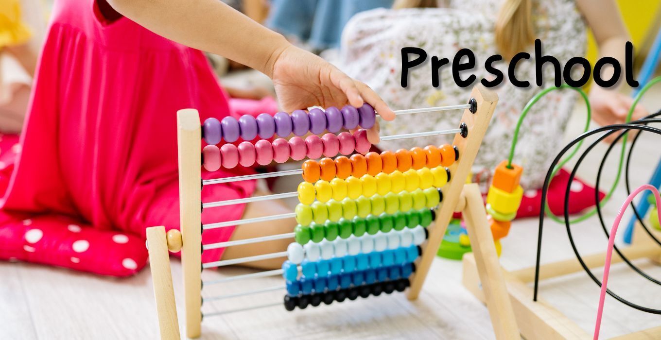 Preschool student and colorful abacus - links to preschool enrollment page